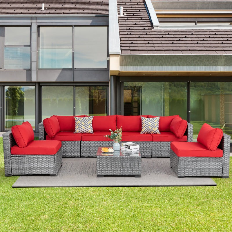 Walsunny Patio Furniture 7 Pieces Outdoor Sectional Sofa Set, Silver Wicker#color_red