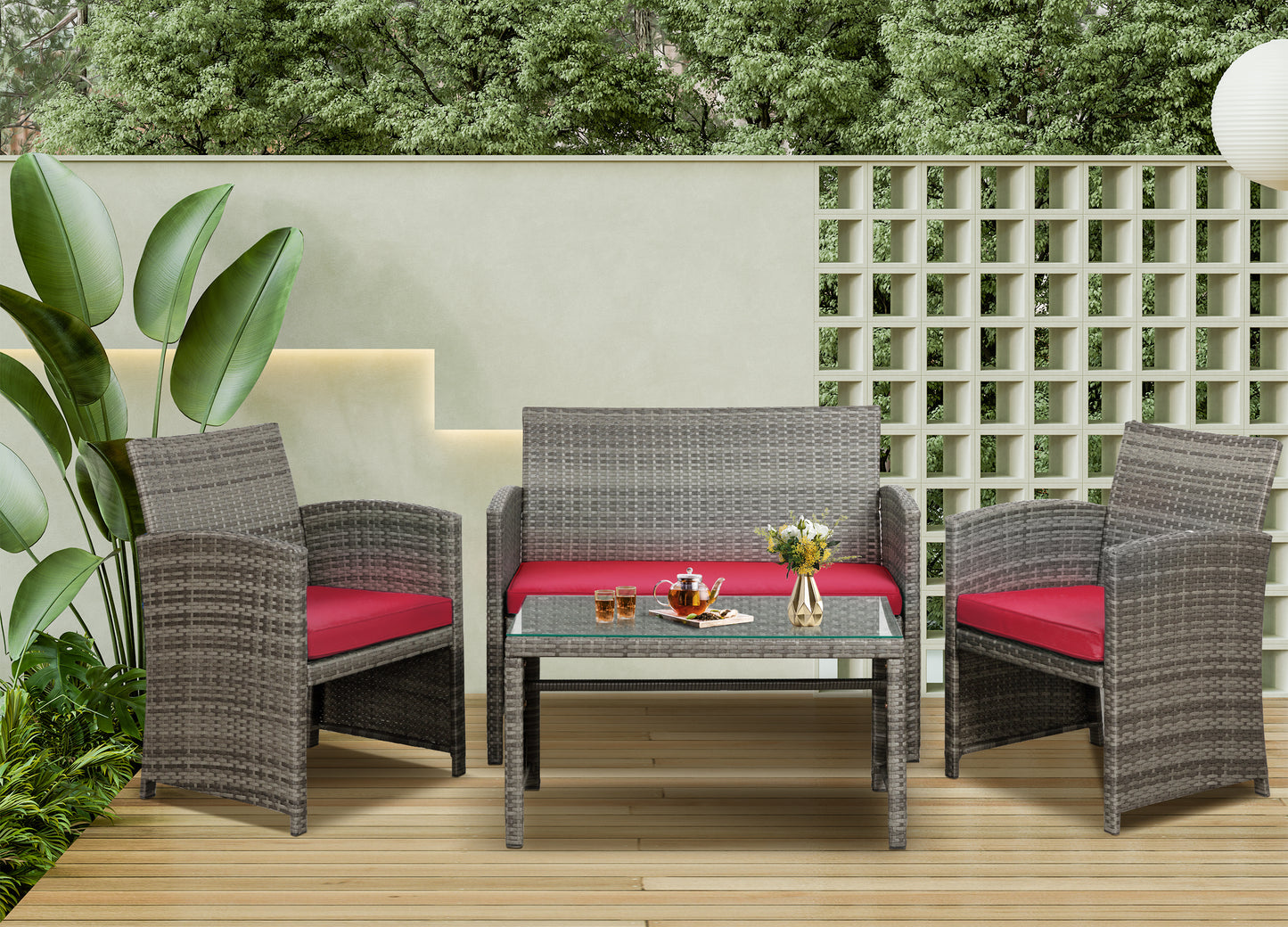 Walsunny 4 Piece Patio Furniture Set, Outdoor Furniture Set Patio Wicker Conversation Set with Cushions and Tempered Glass Tabletop for Lawn Backyard Pool Garden