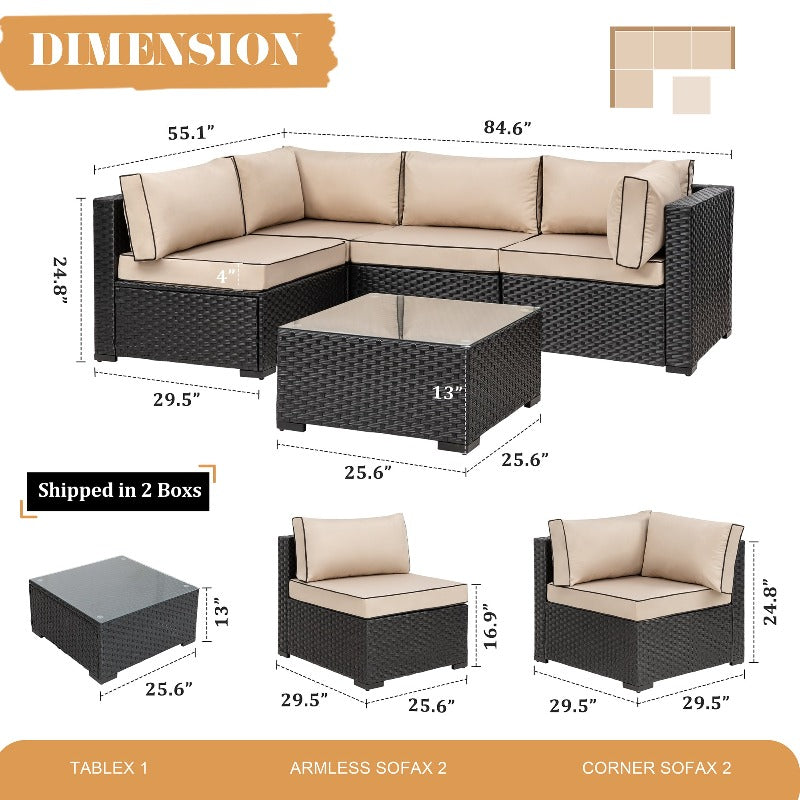 Walsunny 5 Pieces Outdoor Sectional Sofa, Patio furniture Set#color_khaki