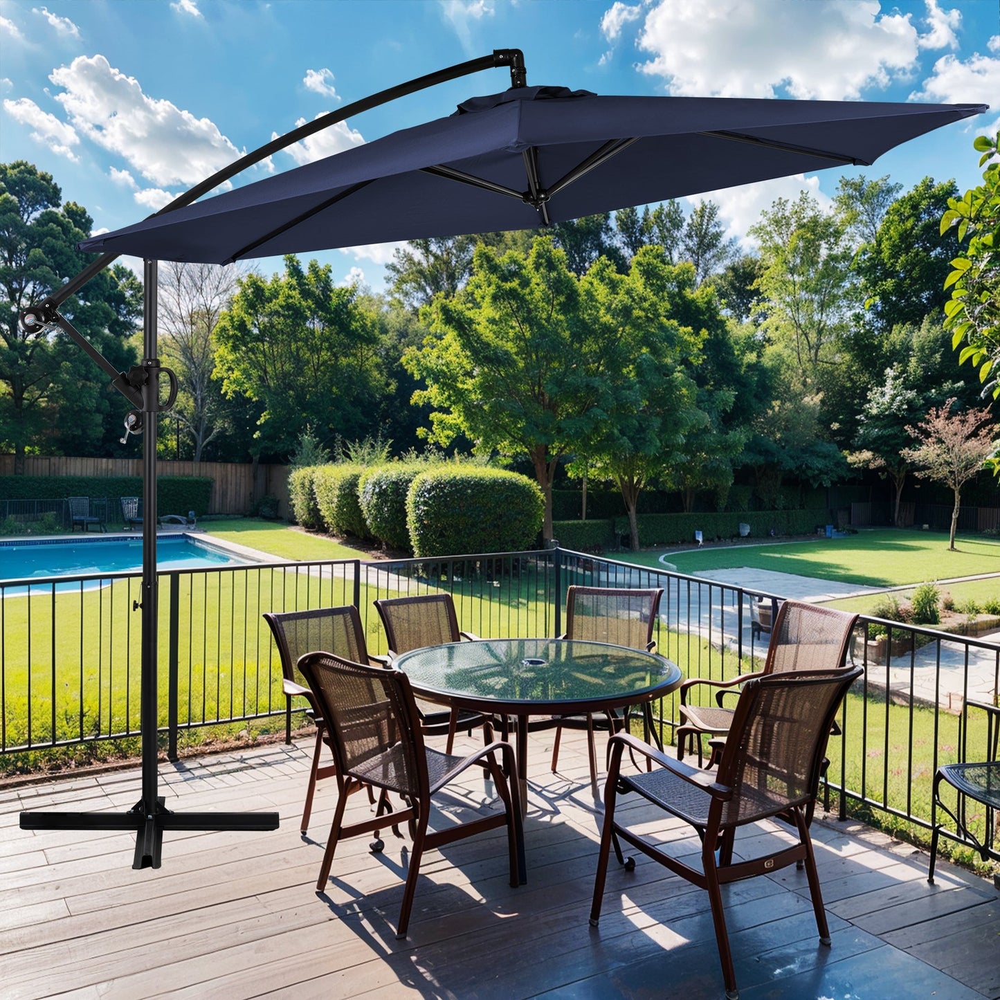 Walsunny 9FT Patio Offset Umbrella Easy Tilt Adjustment,Crank and Cross Base, Outdoor Cantilever Hanging Umbrella with 6 Ribs
