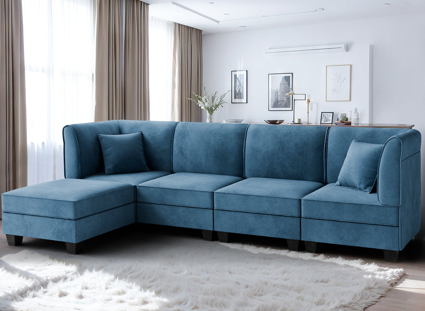 Walsunny Velvet 5 Pieces Modular Sectional Sofa L-Shaped Couch With Reversible Chaise