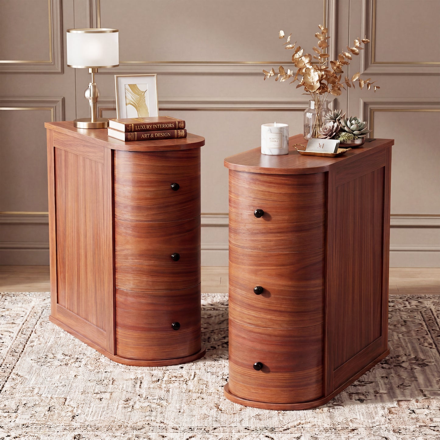 Walsunny Nightstand,Narrow End Table,3-Drawer Side Table,Vintage Slim Bedside Table for Bedroom,Hallway,Living Room,Cherry Finish