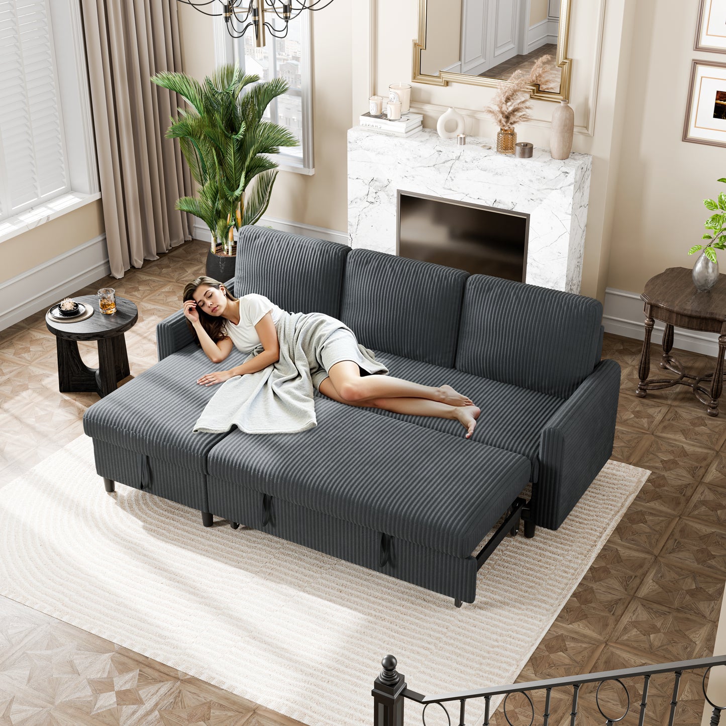Walsunny Sectional Sofa Couch Bed Storage Chaise Sleeper Pull Out Sofa Couch for Living Room Deep Gray