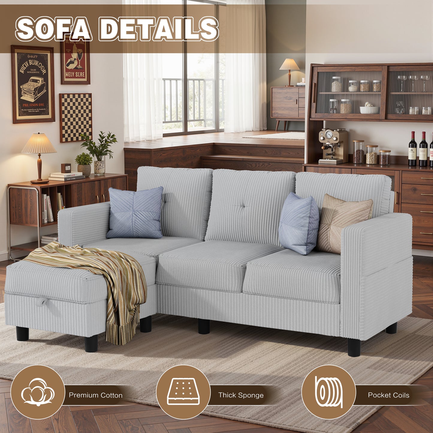 Walsunny Convertible Sectional Sofa Couch, Modern Linen Fabric L-Shaped Couch 3-Seat Sofa Sectional with Reversible Chaise for Small Living Room, Apartment and Small Space