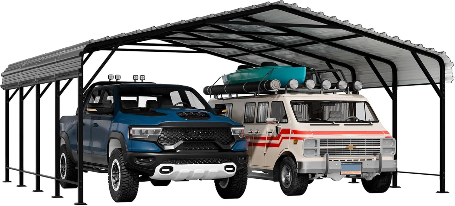 Walsunny 20x20 FT Carport,Heavy Duty Carports Canopy with Steel Roof and Frame,Metal Carport with Enhanced Base Oversized Garage Outdoor Galvanized Shelter for Cars, Boats and Tractors