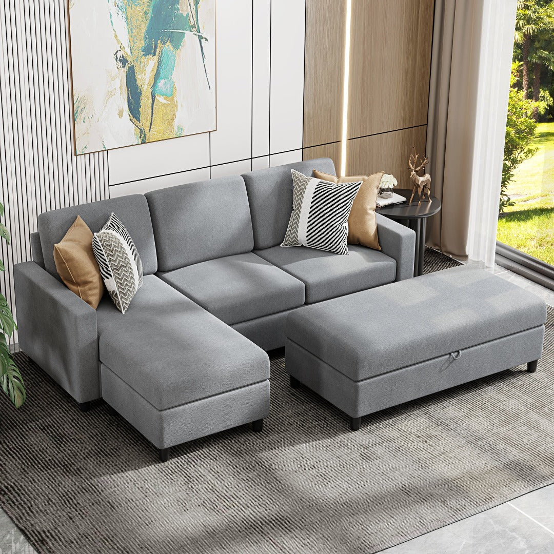 Walsunny Sectional Sofa With Long Storage Ottoman For Small Apartment#color_light-grey
