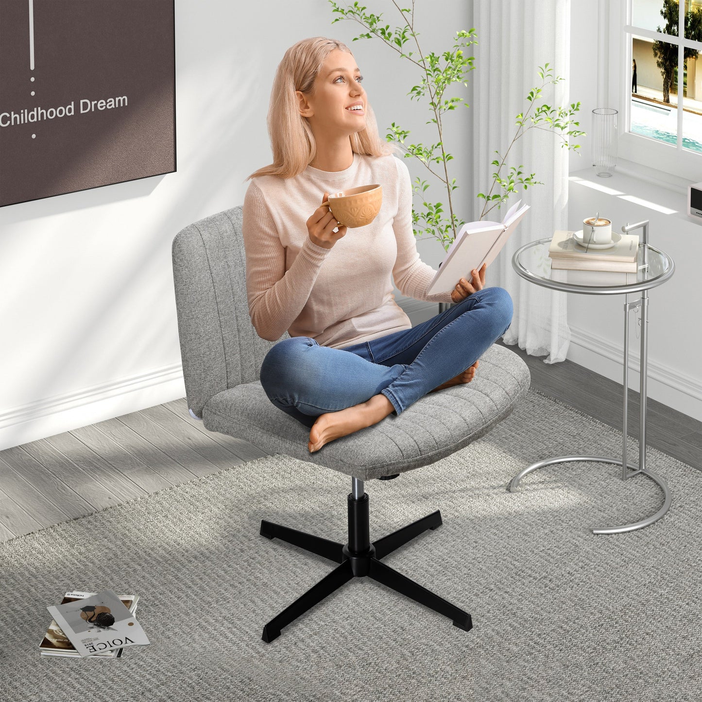 Walsunny Cross Legged Office Chair Armless Wide Chair