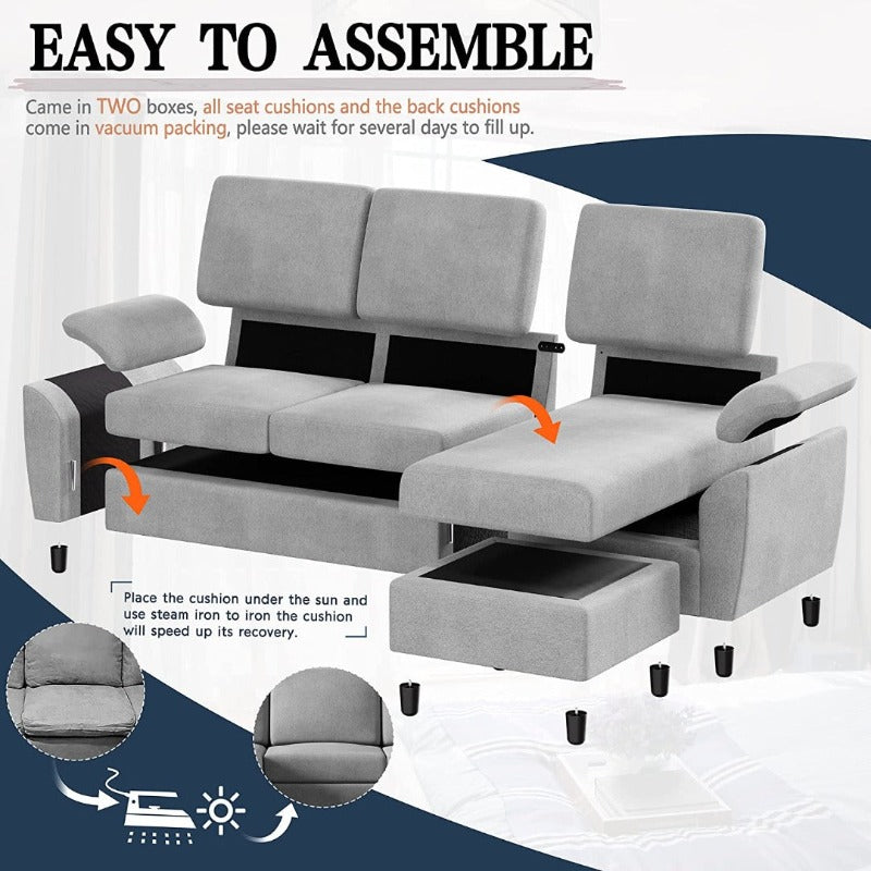 Walsunny 3 Seat L-Shaped Sectional Sofa With Movable Ottoman#color_light-grey