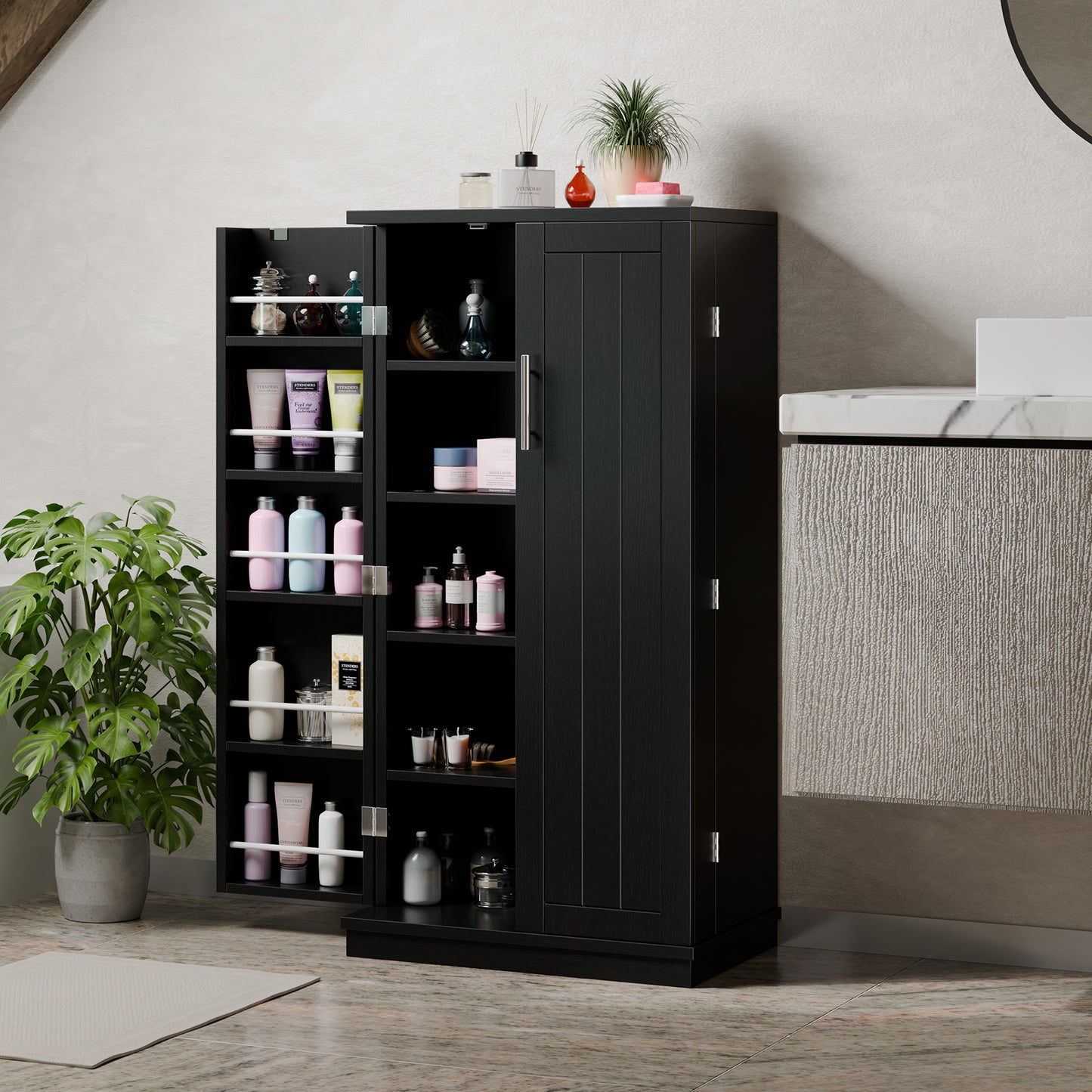 Walsunny 47" Kitchen Pantry Storage Cabinet with Adjustable Shelves, Racks and Doors Freestanding Kitchen Hutch Cupboard Black