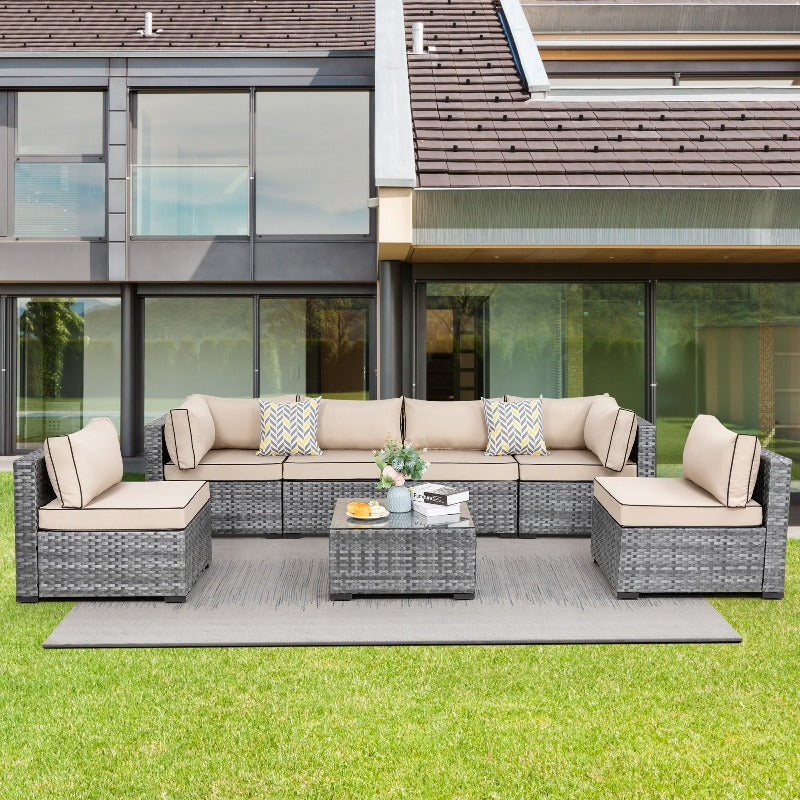 Walsunny Patio Furniture 7 Pieces Outdoor Sectional Sofa Set, Silver Wicker#color_khaki