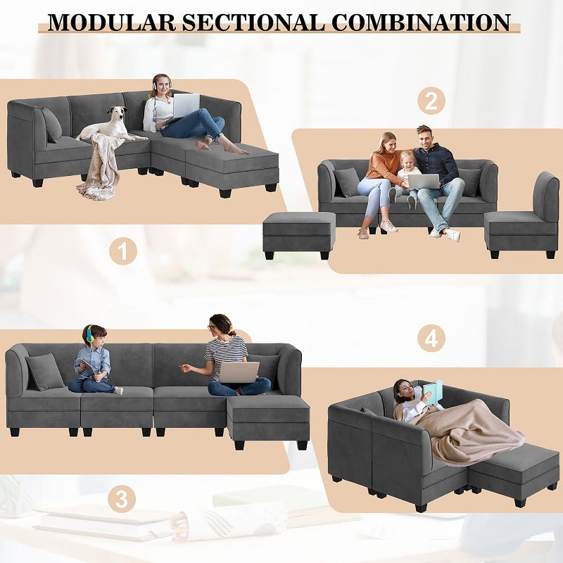 Walsunny 5 Pieces Modular L-Shaped Velvet Couch Sofa with Reversible Chaise