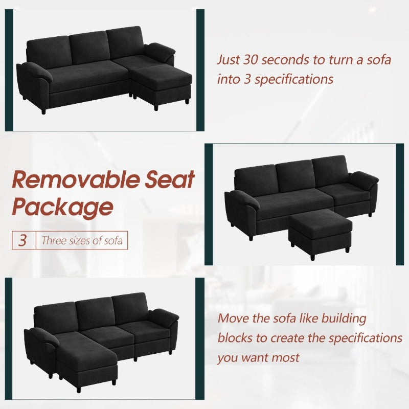 Walsunny 3 Seat L-Shaped Sectional Sofa With Movable Ottoman#color_black