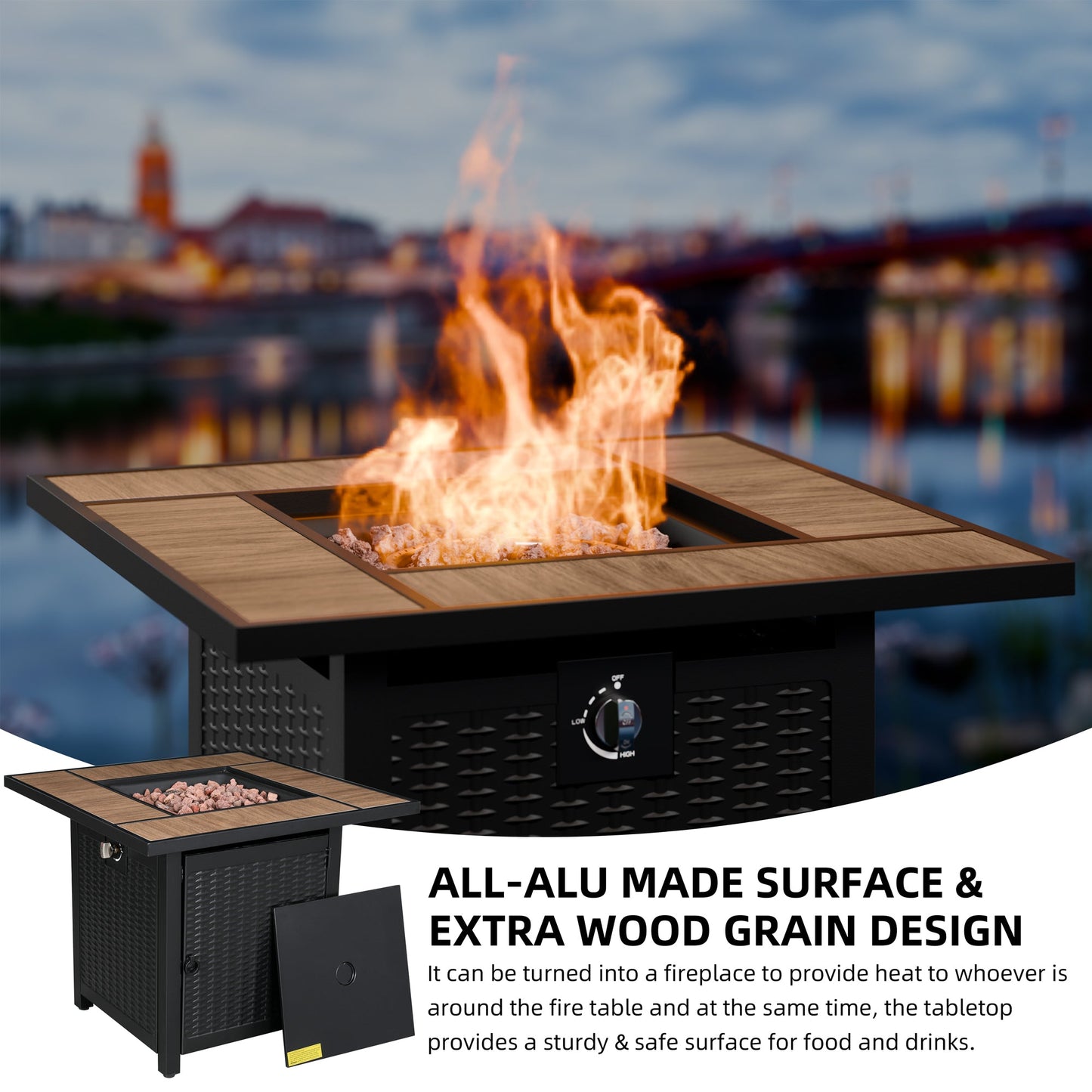 Walsunny 28" Propane Gas Fire Pit Table 50,000 BTU Square Outdoor Wicker