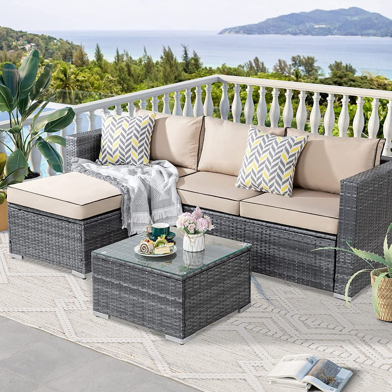 Walsunny 3 Pieces Outdoor Sectional Sofa Set With Silver Wicker & Chaise#color_khaki