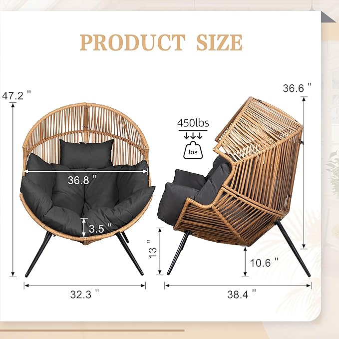 Walsunny Egg Chair Outdoor Patio Chair,Oversized Lounger Chair with Cushion Egg Basket Chair for Indoor Outside Balcony Backyard