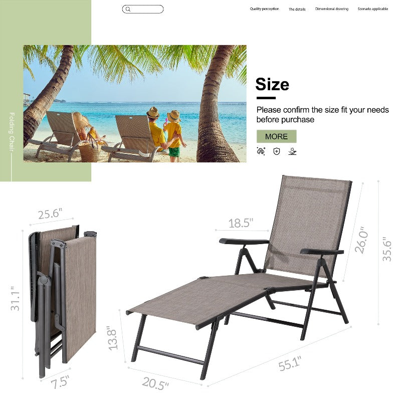Walsunny 2 Pieces Patio Chaise Lounge, Texilene Folding Reclining Set