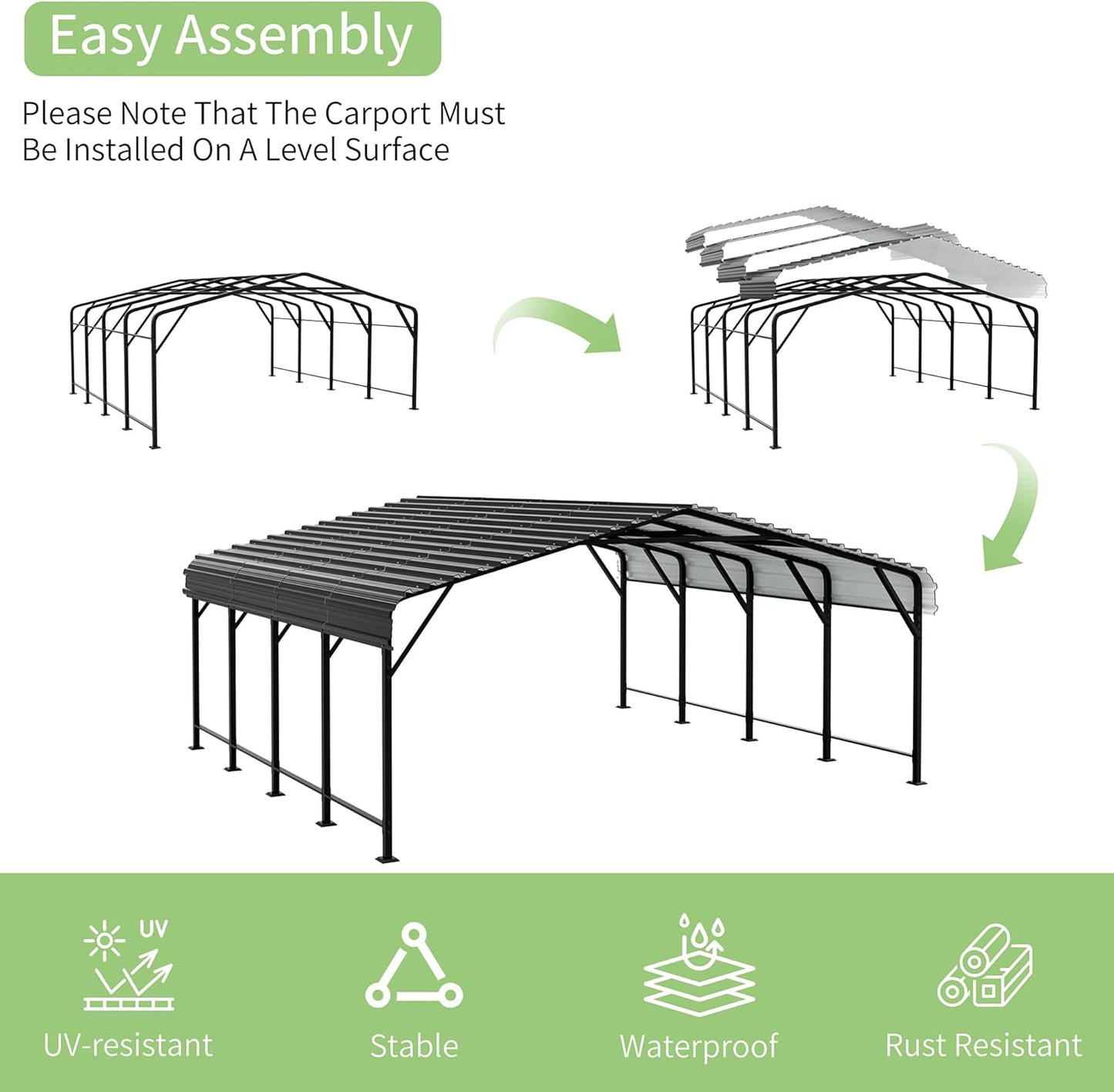 Walsunny 20x20 FT Carport,Heavy Duty Carports Canopy with Steel Roof and Frame,Metal Carport with Enhanced Base Oversized Garage Outdoor Galvanized Shelter for Cars, Boats and Tractors