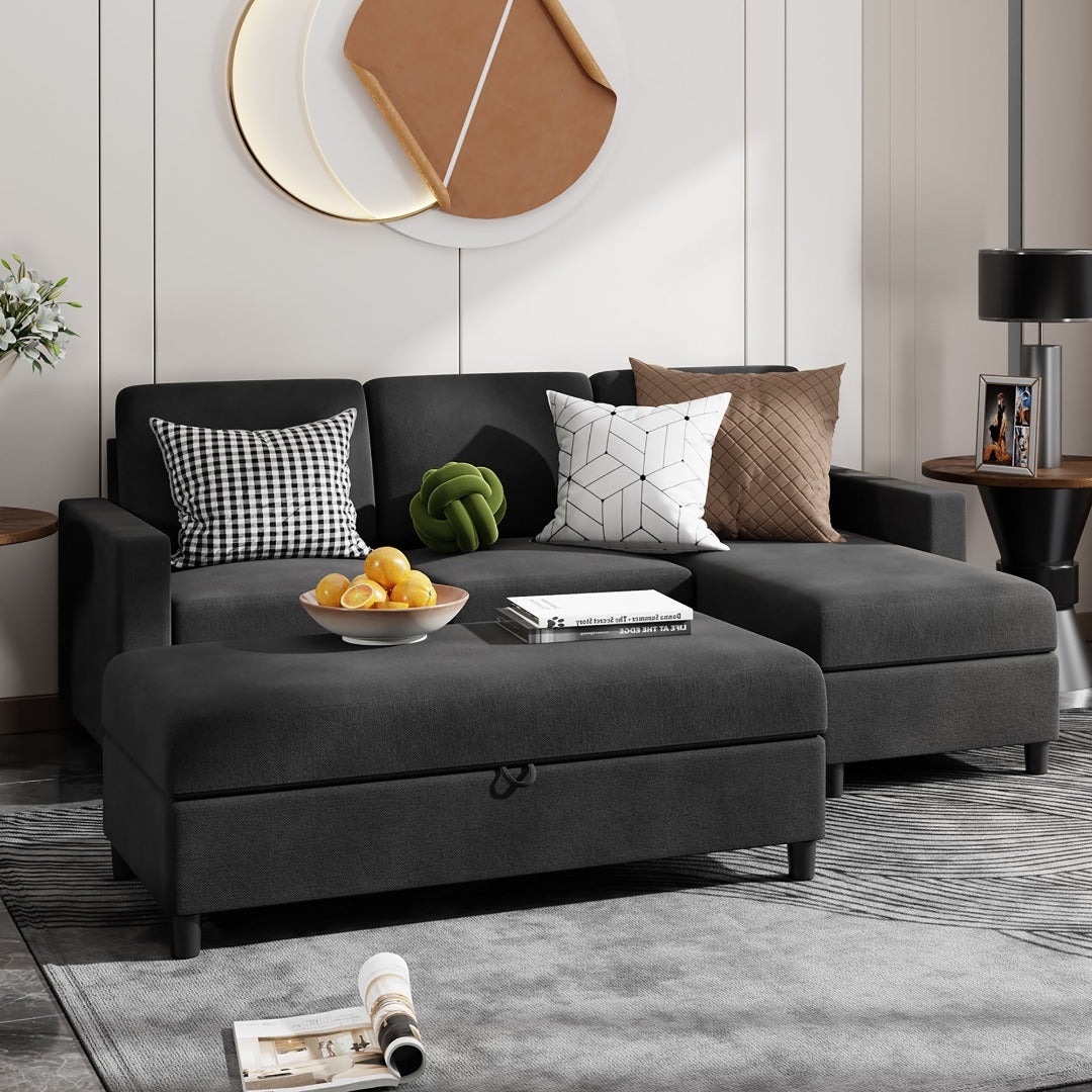 Walsunny Sectional Sofa With Long Storage Ottoman For Small Apartment#color_black
