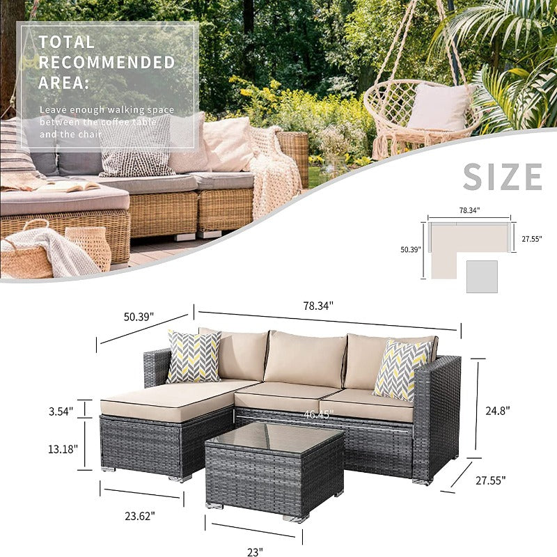 Walsunny 3 Pieces Outdoor Sectional Sofa Set With Silver Wicker & Chaise#color_khaki