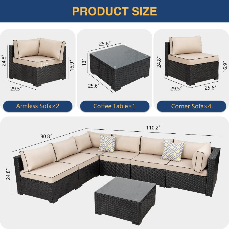 Walsunny Patio Furniture 7 Pieces Outdoor Sectional Sofa Set, Black Wicker#color_khaki