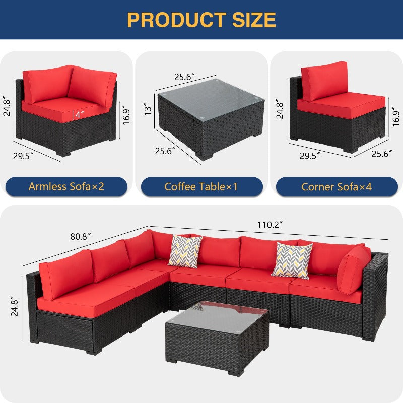 Walsunny Patio Furniture 7 Pieces Outdoor Sectional Sofa Set, Black Wicker#color_red