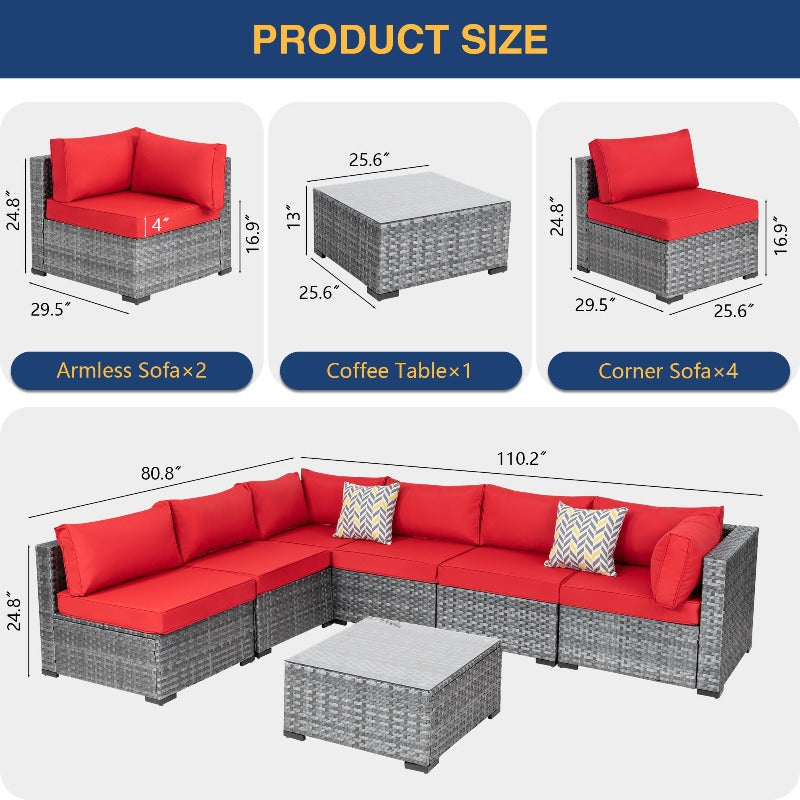 Walsunny Patio Furniture 7 Pieces Outdoor Sectional Sofa Set, Silver Wicker#color_red