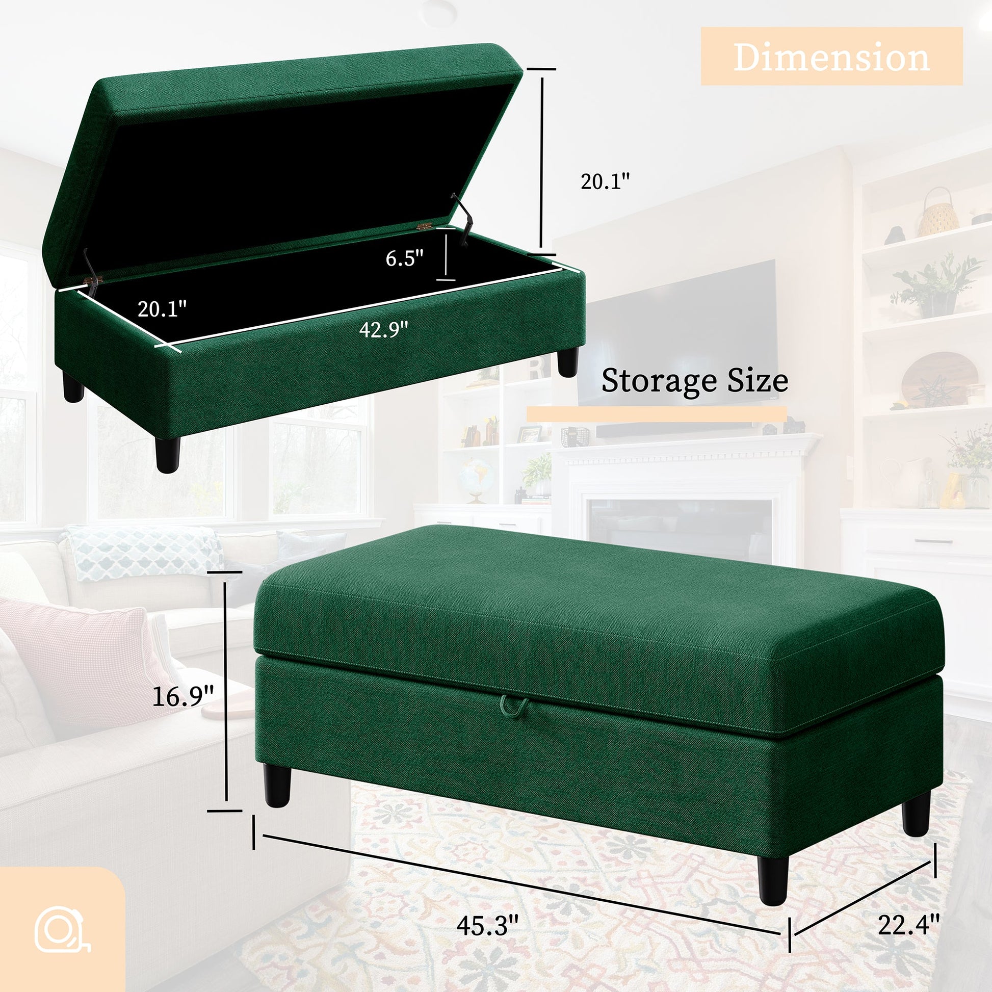 Walsunny Sectional Sofa With Long Storage Ottoman For Small Apartment#color_green