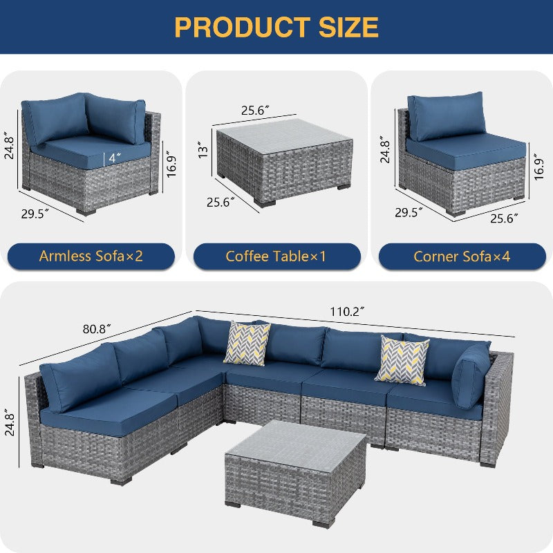 Walsunny Patio Furniture 7 Pieces Outdoor Sectional Sofa Set, Silver Wicker#color_aegean-blue
