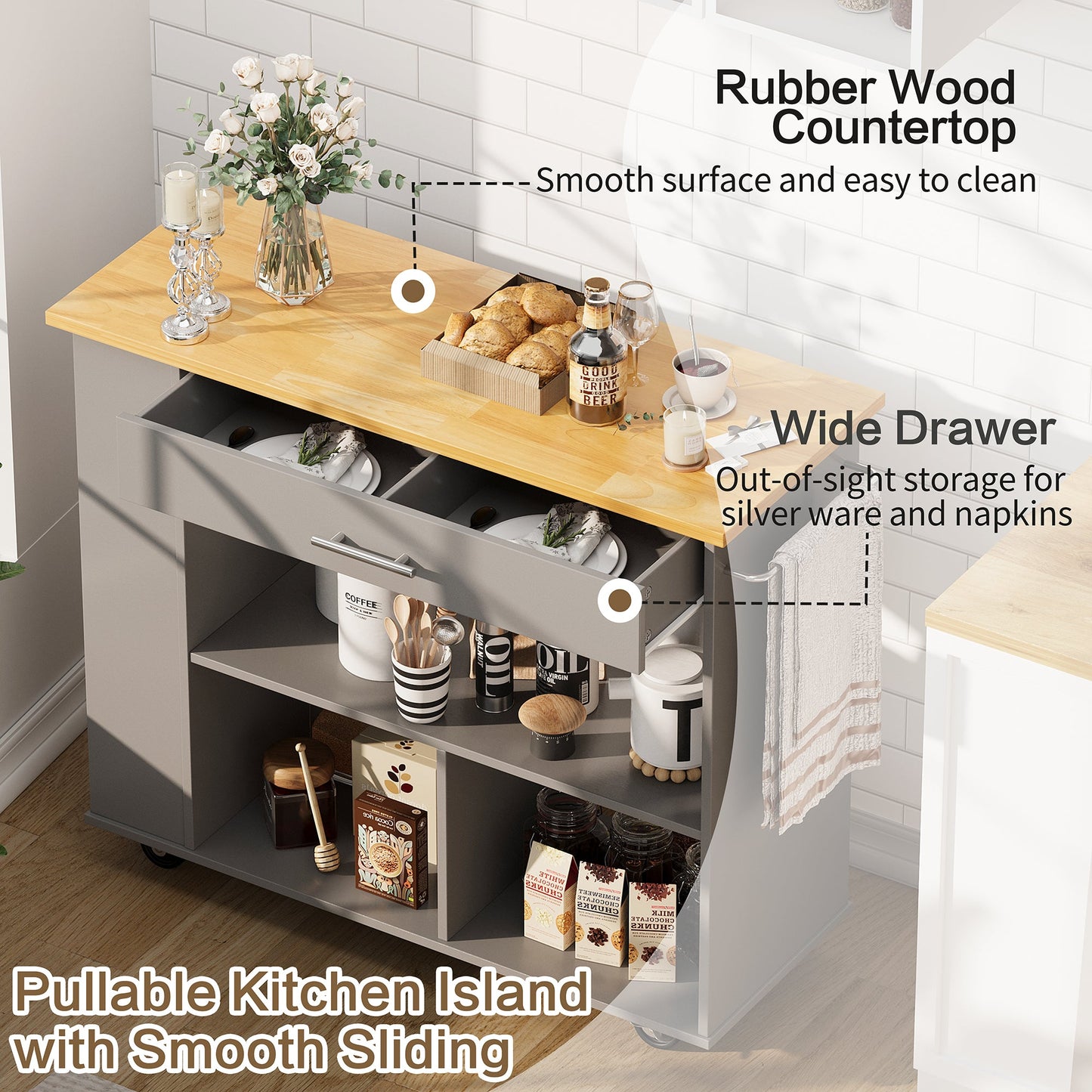 Walsunny Kitchen Island on Wheels with Storage Cabinet, Rolling Cart Kitchen Storage Organizer with/3 Side Spice Rack, 2 Tier Open Shelf for Kitchen