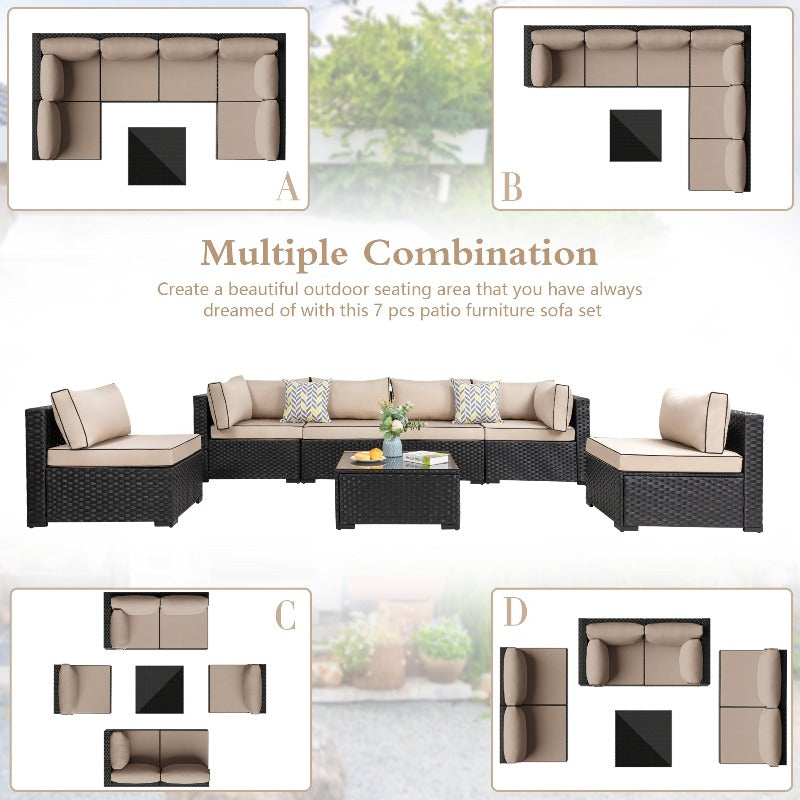 Walsunny Patio Furniture 7 Pieces Outdoor Sectional Sofa Set, Black Wicker#color_khaki