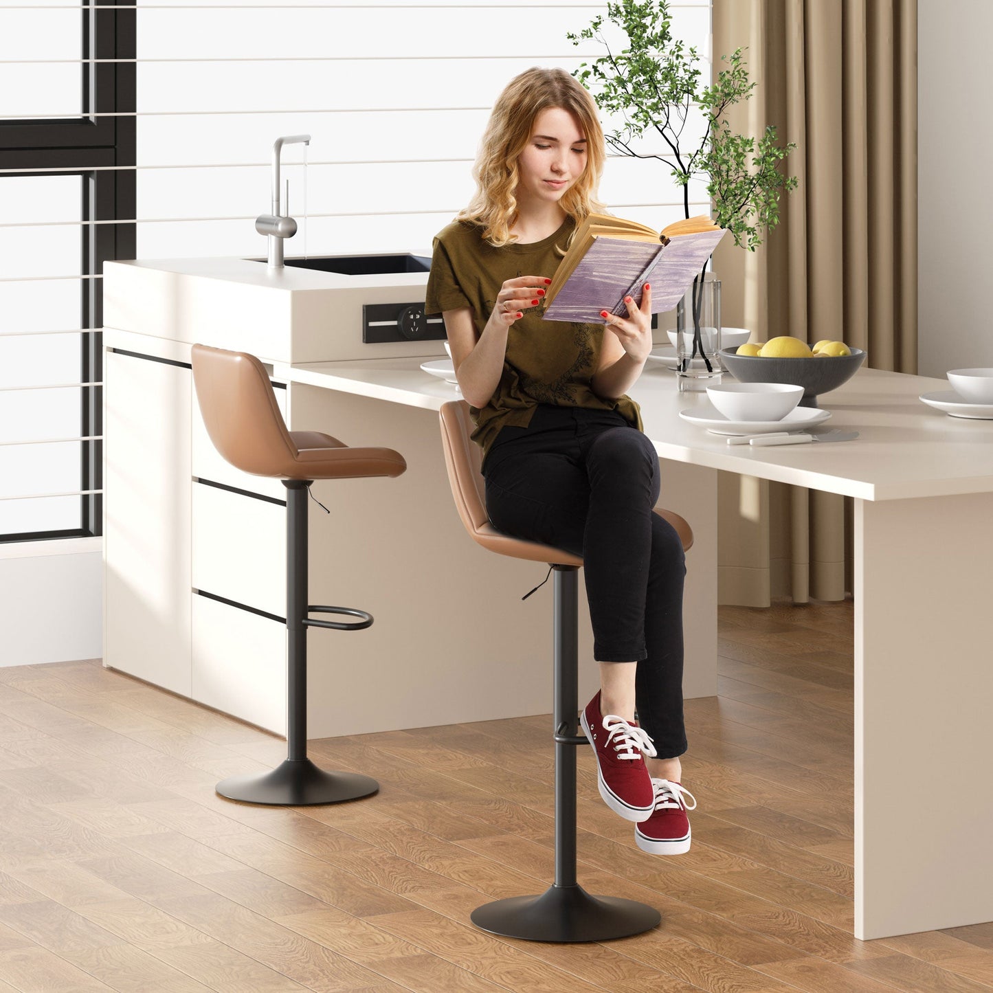 Walsunny Bar Stools Set of 2,Adjustable Leather Counter Height with High Backrest,Bar Chairs for Kitchen Island Dining,Room Bar