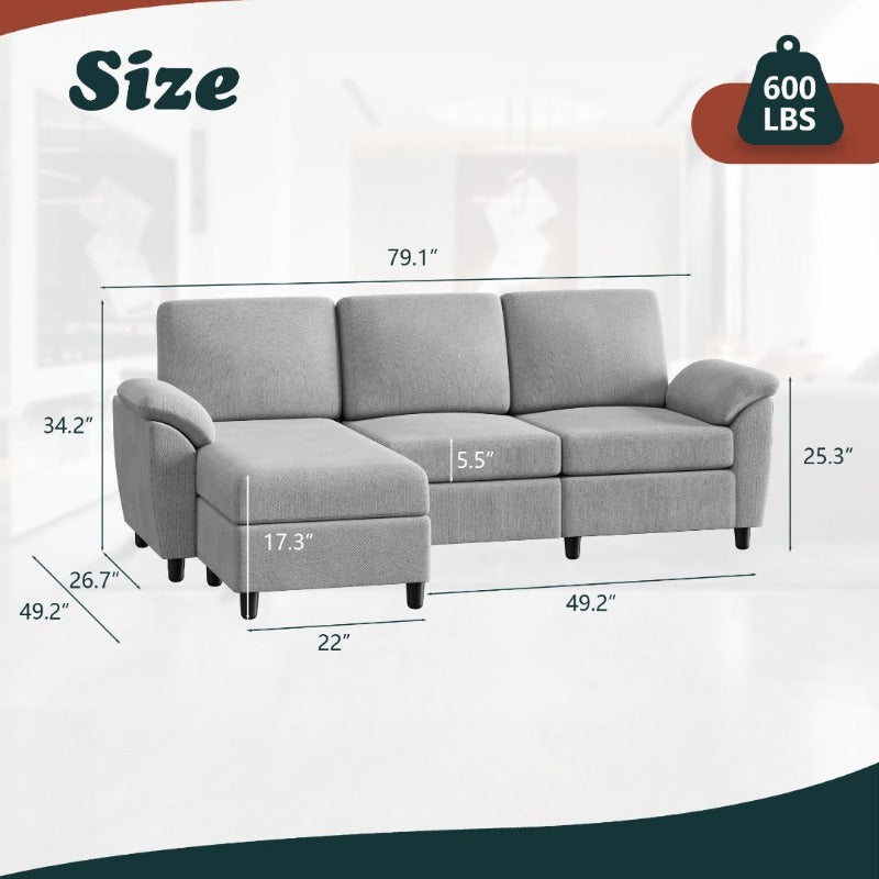 Walsunny 3 Seat L-Shaped Sectional Sofa With Movable Ottoman#color_light-grey