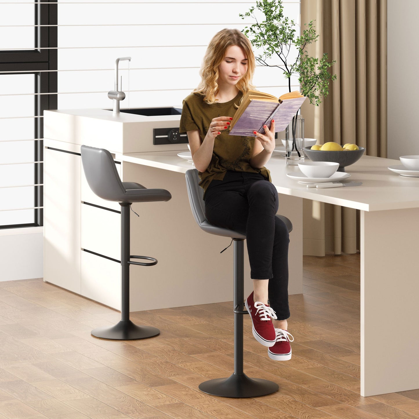 Walsunny Bar Stools Set of 2,Adjustable Leather Counter Height with High Backrest,Bar Chairs for Kitchen Island Dining,Room Bar