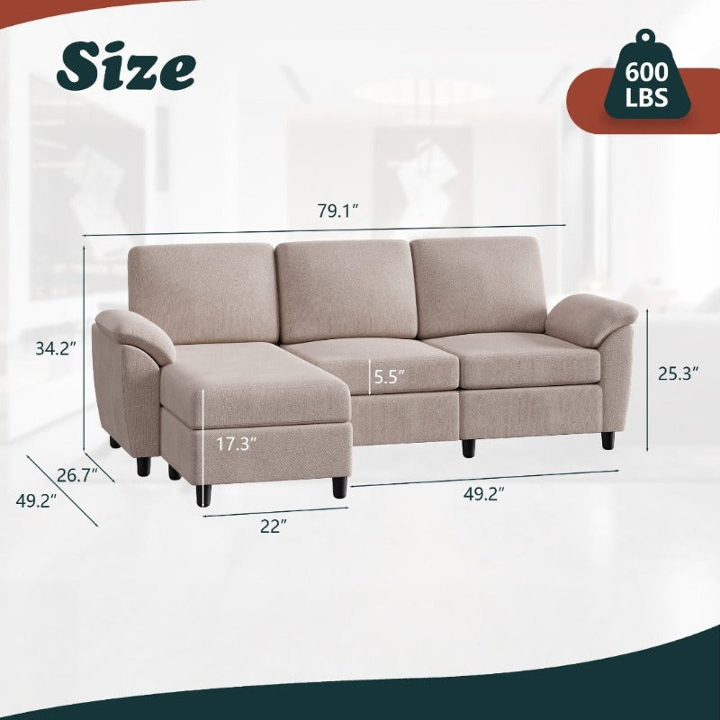 Walsunny 3 Seat L-Shaped Sectional Sofa With Movable Ottoman#color_khaki