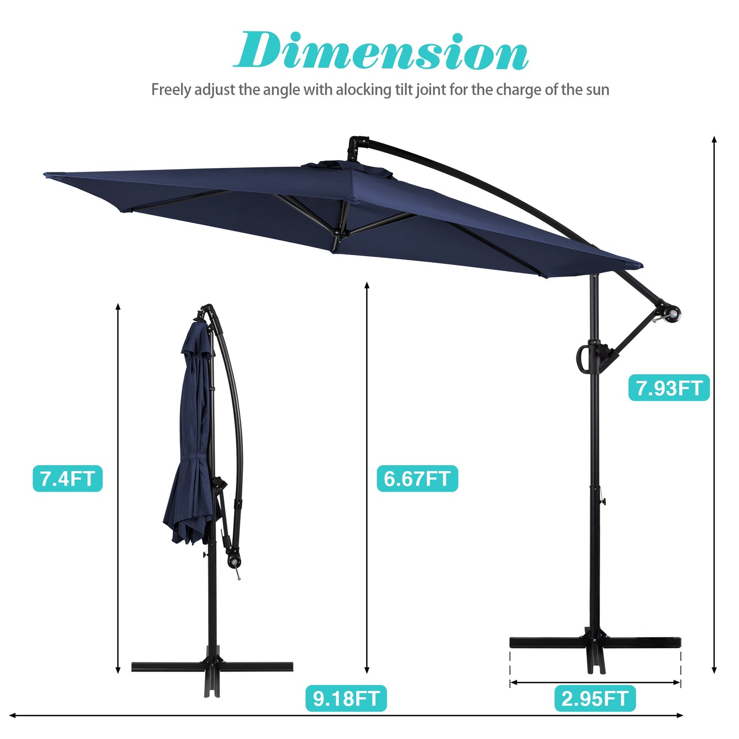 Walsunny 9FT Patio Offset Umbrella Easy Tilt Adjustment,Crank and Cross Base, Outdoor Cantilever Hanging Umbrella with 6 Ribs