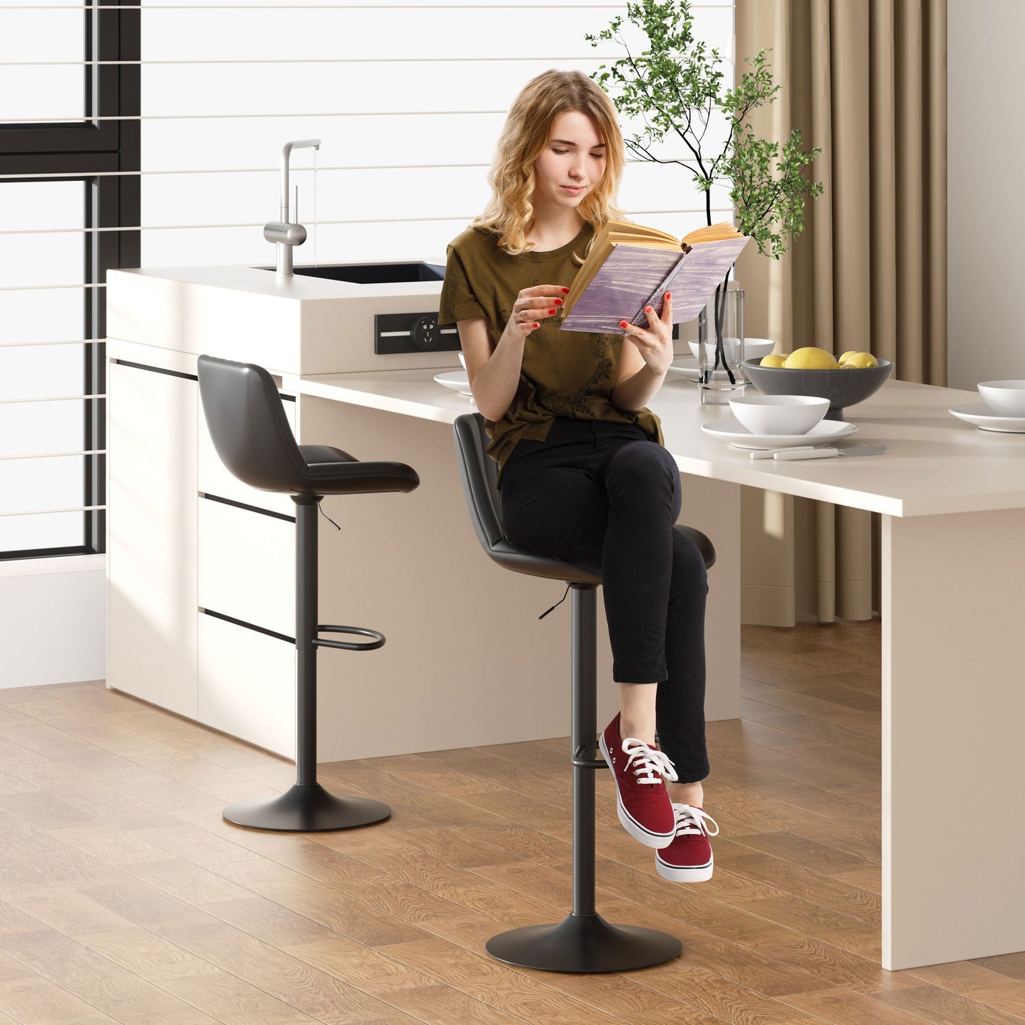 Walsunny Bar Stools Set of 2,Adjustable Leather Counter Height with High Backrest,Bar Chairs for Kitchen Island Dining,Room Bar