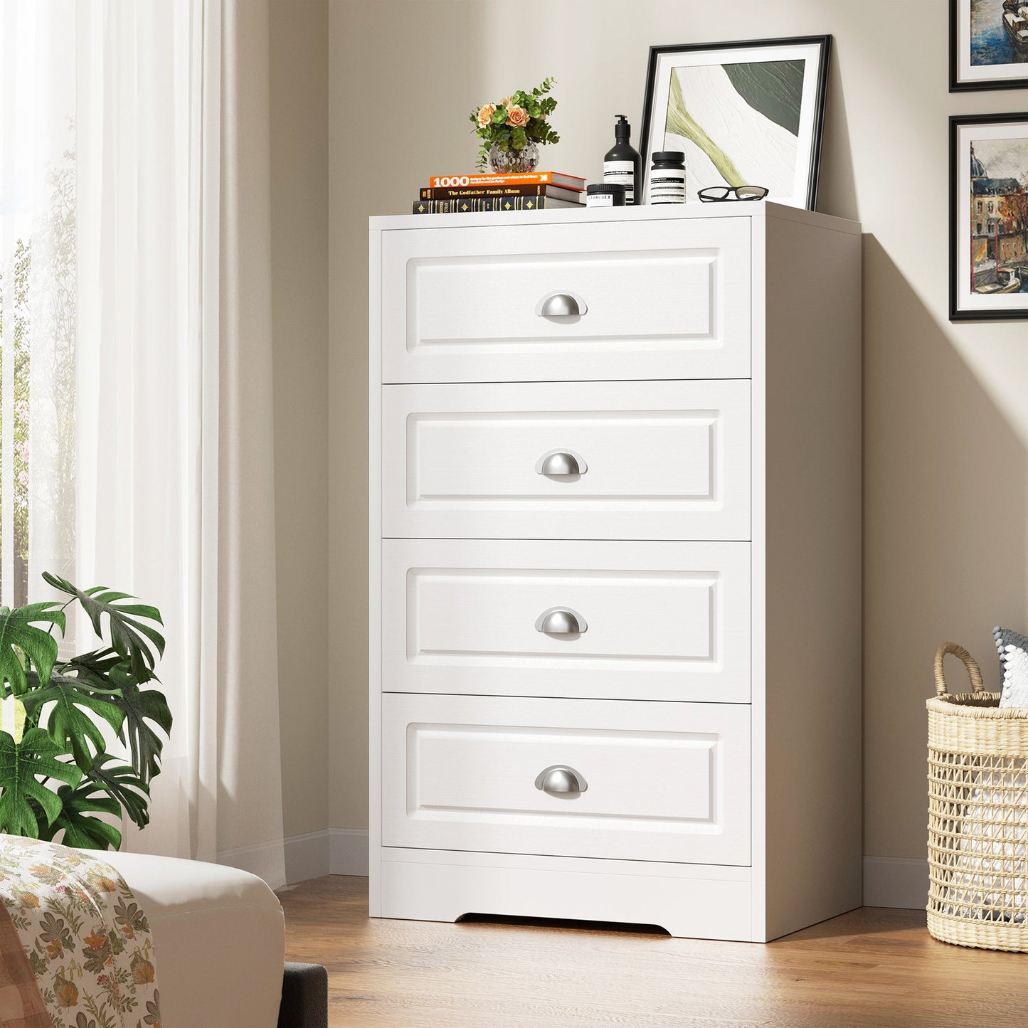 Walsunny 5 Drawer White Vertical Dresser Modern Storage Cabinet with Handle-Drawer Chest Wood Organizer for Living Room