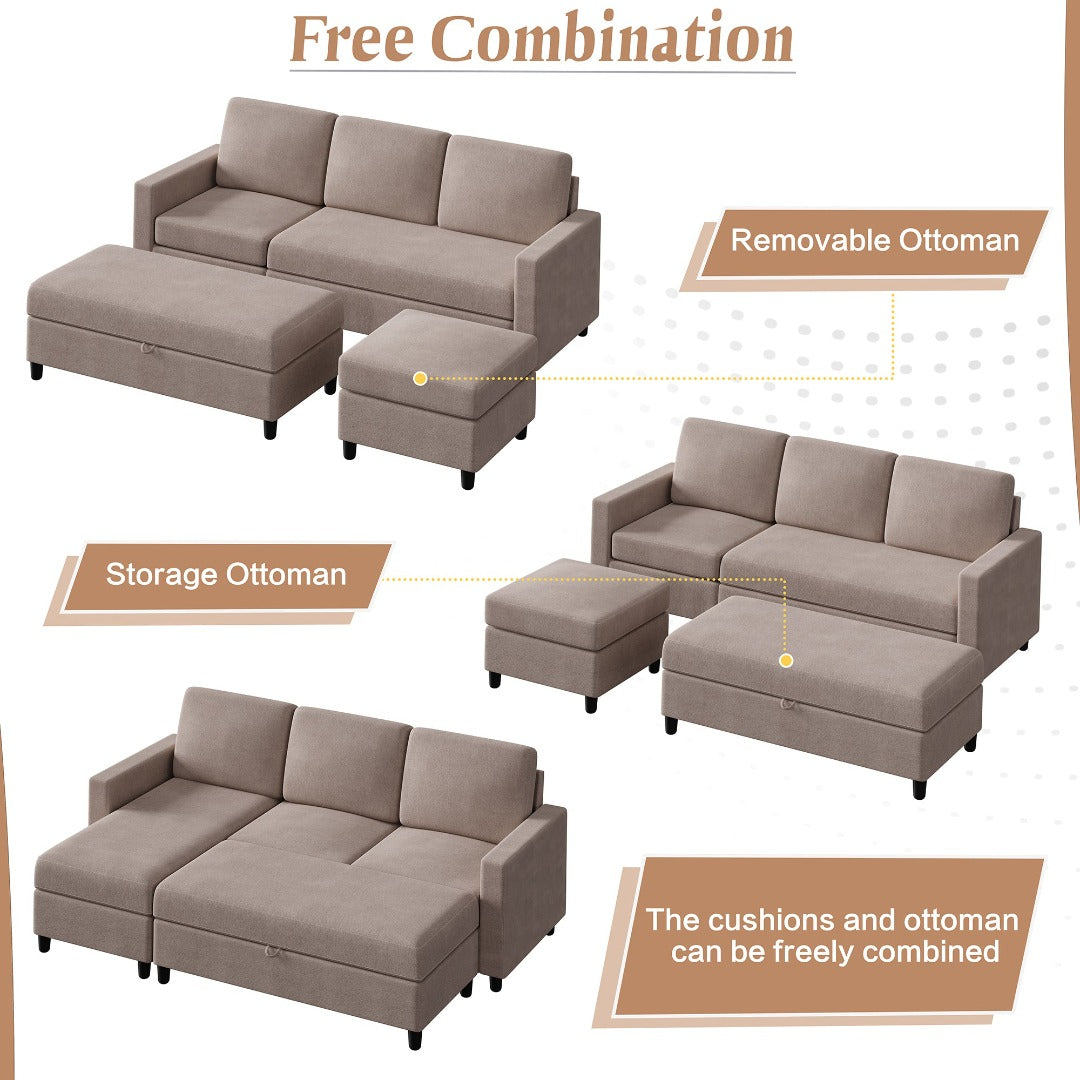 Walsunny Sectional Sofa With Long Storage Ottoman For Small Apartment#color_khaki