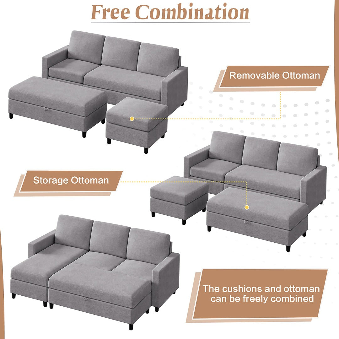 Walsunny Sectional Sofa With Long Storage Ottoman For Small Apartment#color_light-grey