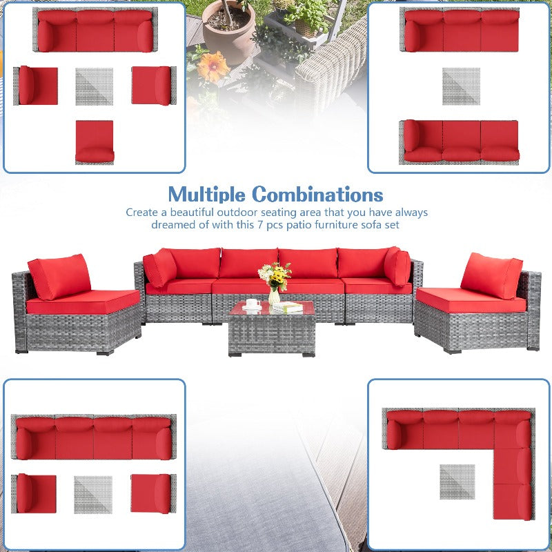 Walsunny Patio Furniture 7 Pieces Outdoor Sectional Sofa Set, Silver Wicker#color_red