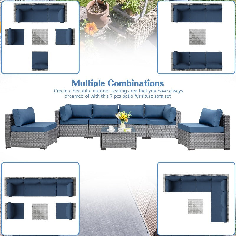 Walsunny Patio Furniture 7 Pieces Outdoor Sectional Sofa Set, Silver Wicker#color_aegean-blue