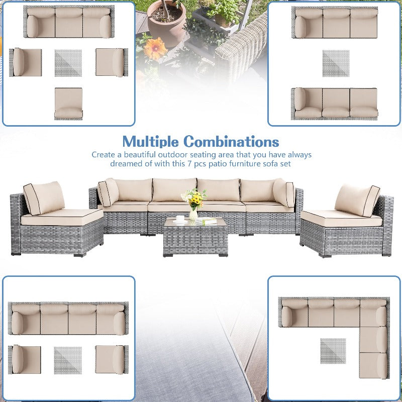 Walsunny Patio Furniture 7 Pieces Outdoor Sectional Sofa Set, Silver Wicker#color_khaki
