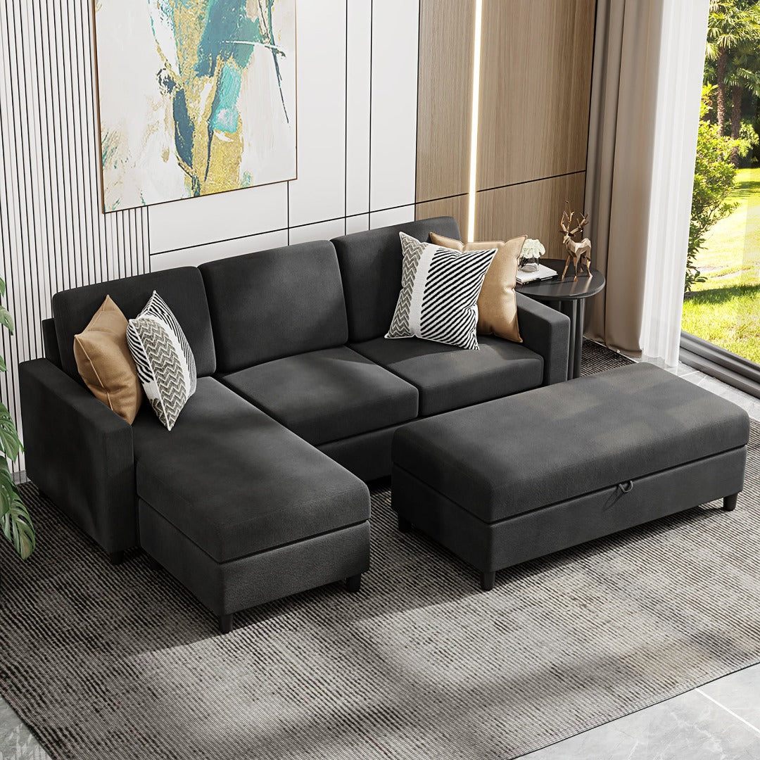 Walsunny Sectional Sofa With Long Storage Ottoman For Small Apartment#color_black