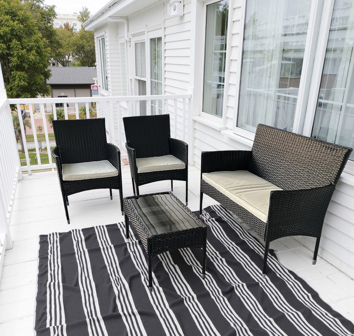 Walsunny 4 Pieces Patio Porch Furniture Sets Wicker Patio Conversation Furniture Rattan Chair Set with Tempered Glass Coffee Table for Backyard Porch Garden Poolside Balcony