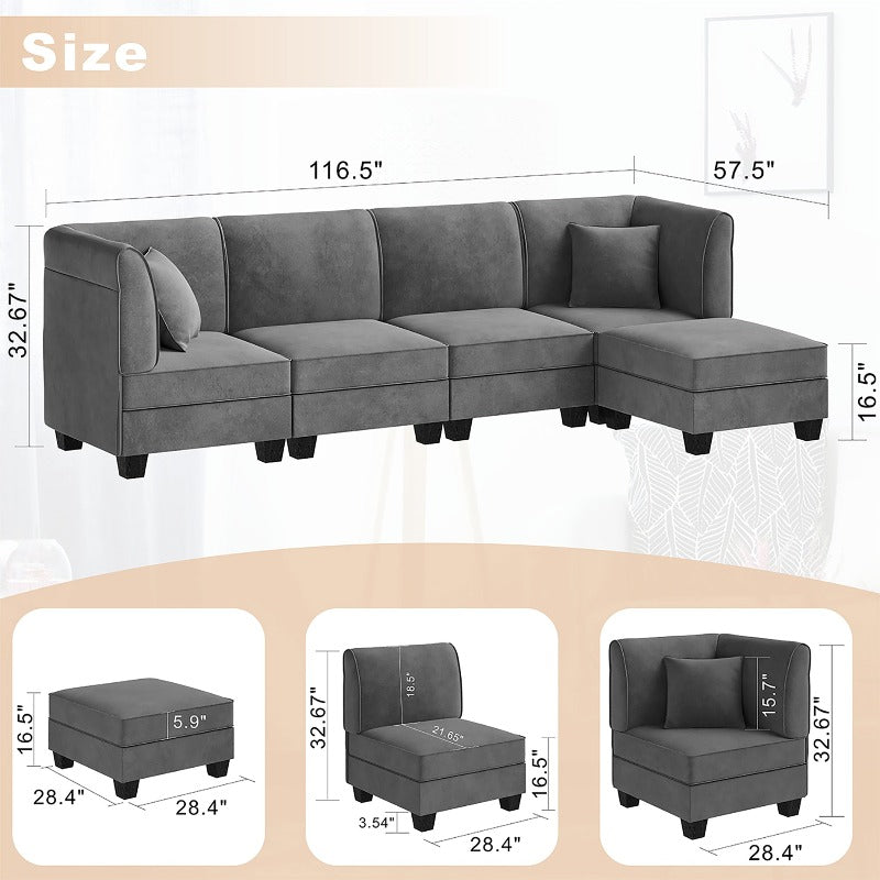 Walsunny 5 Pieces Modular L-Shaped Velvet Couch Sofa with Reversible Chaise