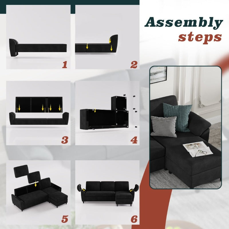 Walsunny 3 Seat L-Shaped Sectional Sofa With Movable Ottoman#color_black