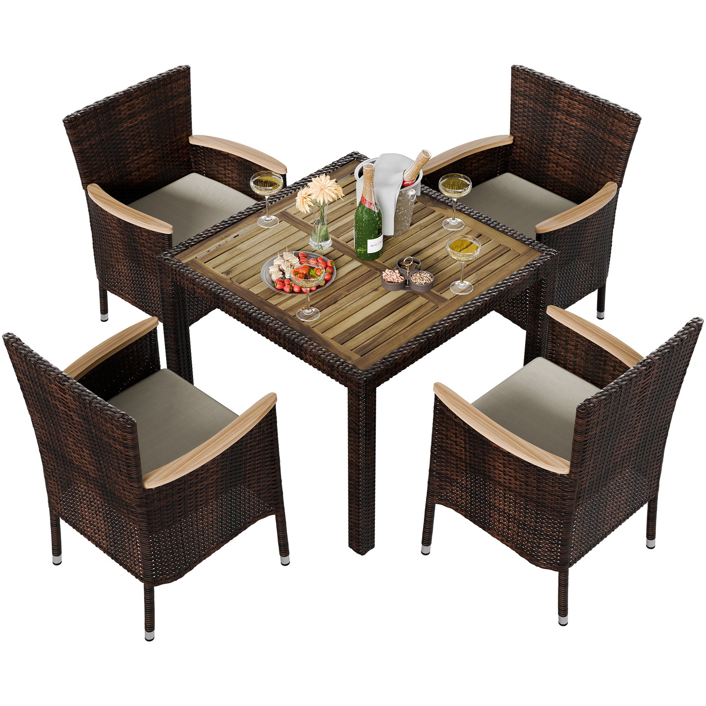 Walsunny 7 Pieces Outdoor Patio Dining Set, Wicker Patio Furniture Set with Wood Table and 6 Chairs with Soft Cushions Grey