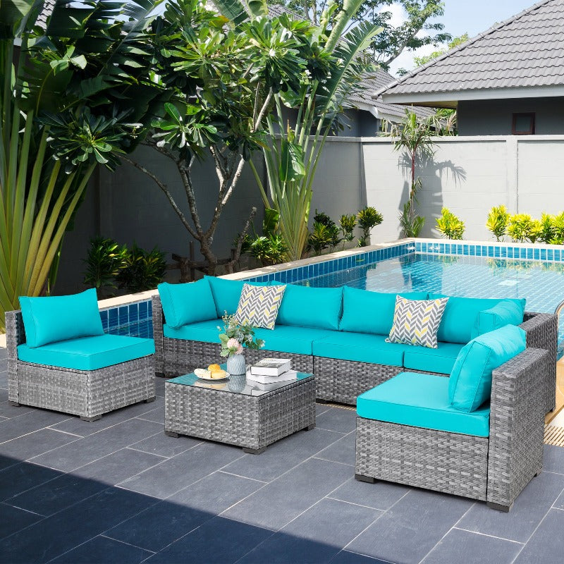 Walsunny Patio Furniture 7 Pieces Outdoor Sectional Sofa Set, Silver Wicker#color_blue
