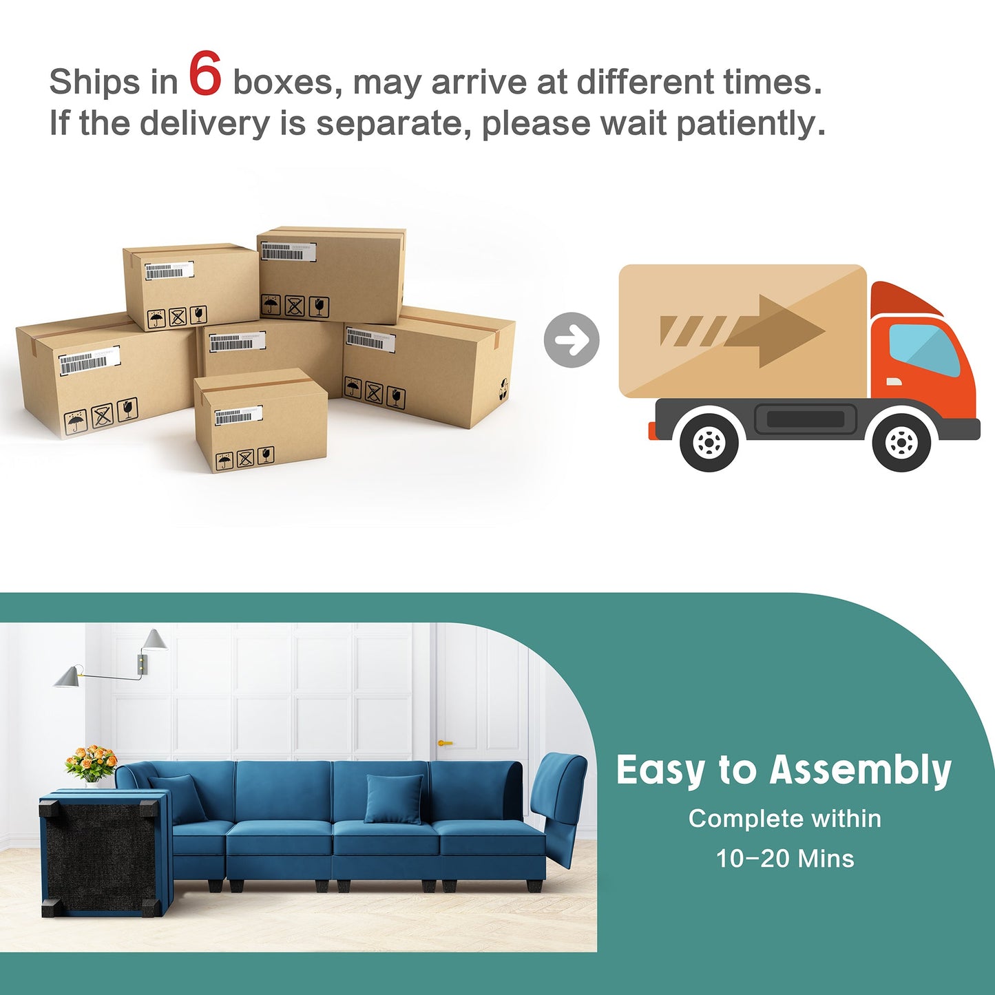 Walsunny U-Shape Convertible Sectional Sofa Couch with 6 Seats