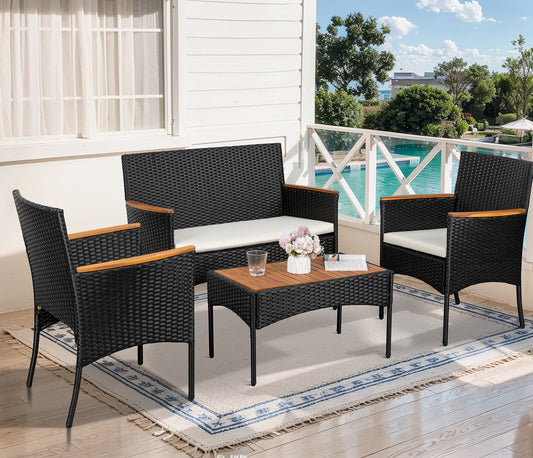 Walsunny 4 Pieces Patio Porch Furniture Sets Wicker Patio Conversation Furniture Rattan Chair Set with Tempered Glass Coffee Table for Backyard Porch Garden Poolside Balcony
